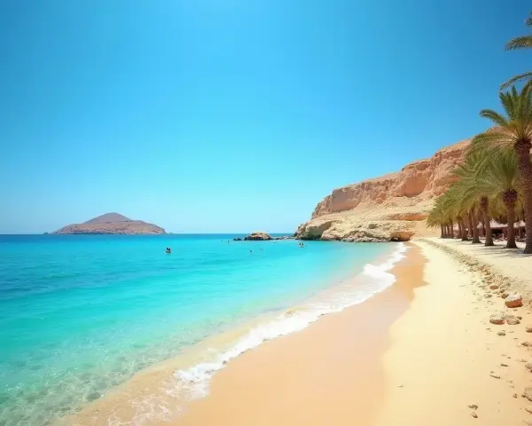 Piękna plaża w Egipcie. W lutym pogoda idealna na kąpiel w turkusowym morzu i relaks pod palmami.