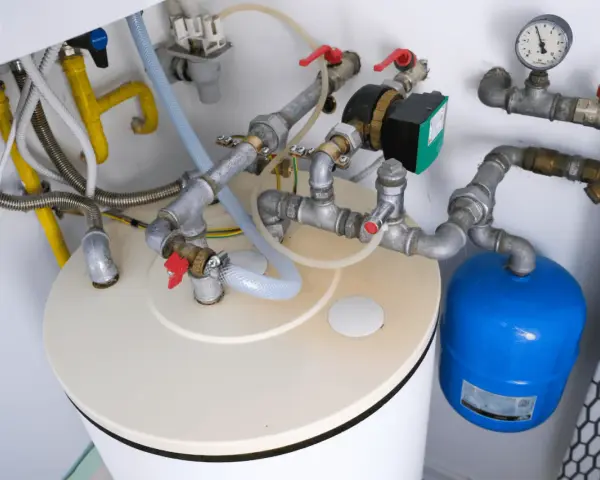 Le chauffe-eau qui explose par le haut, avec ses tuyaux et sa pompe, semble prêt à déborder.