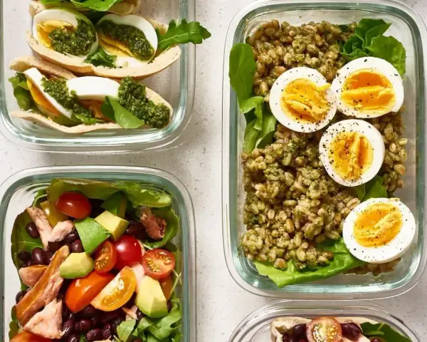 Pyszne posiłki na dietę 1500 kcal: sałatka z łososiem, kasza z jajkiem i mini pity.
