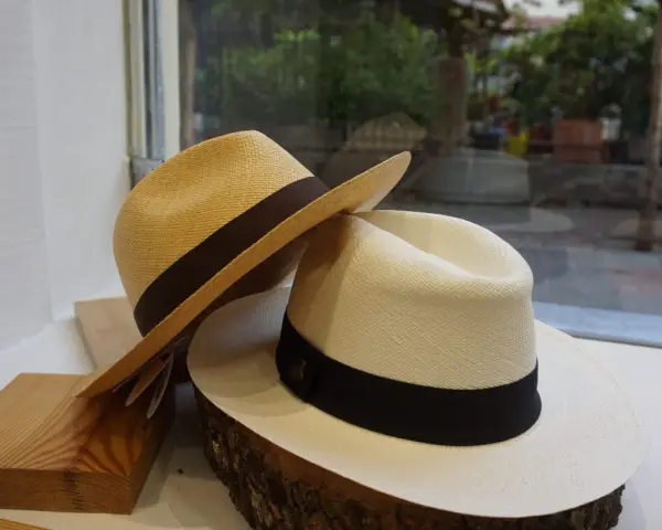 Dos sombreros panameños, uno beige y otro blanco, con cintas oscuras, exhibidos sobre madera y tronco.