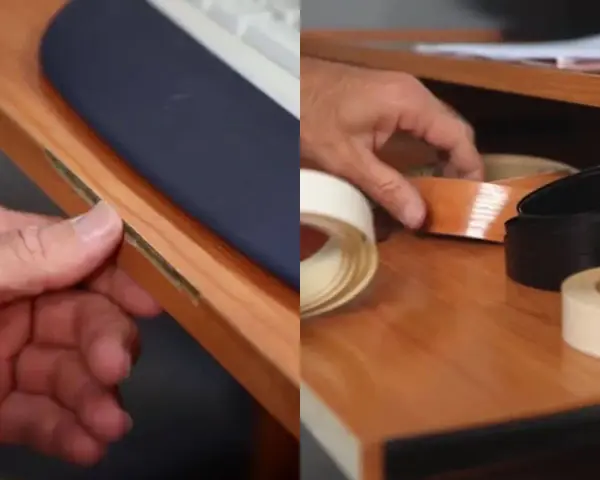 Manos reparando melamina despegada con cinta adhesiva de borde.