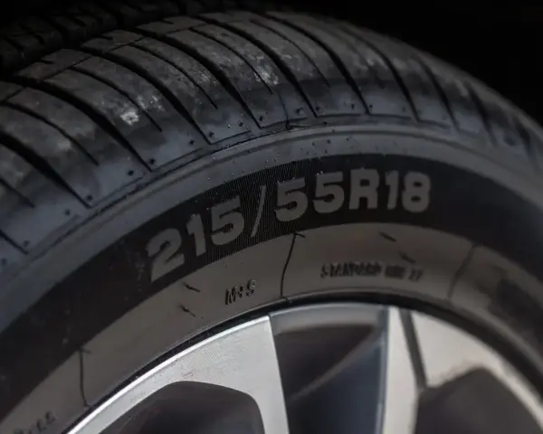 Zbliżenie na bieżnik opony z widocznym oznaczeniem 215/55R18.