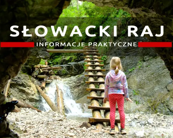 Dziewczynka przed drewnianą drabiną w wąwozie Słowacki Raj. Wodospad i kamieniste dno.