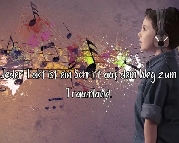 Junge mit Kopfhörern hört Musik, Noten und Farbkleckse. Ein inspirierendes Zitat über Musik, das zum Nachdenken anregt: "Jeder Takt ist ein Schritt auf dem Weg zum Traumland.