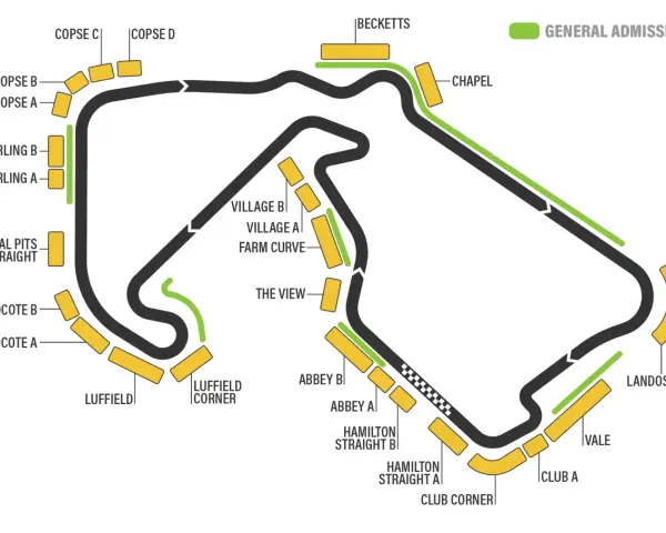 Mapa del circuito de Fórmula 1, con zonas de "General Admission" y gradas. La próxima carrera se acerca.