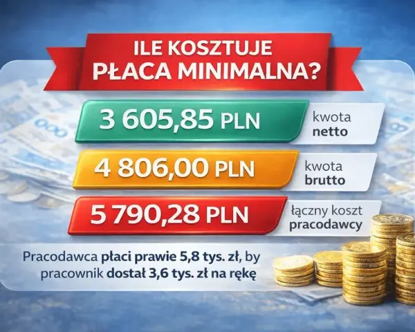 Ile kosztuje płaca minimalna? Pracownik dostaje 3605,85 zł netto, a pracodawca płaci 5790,28 zł.