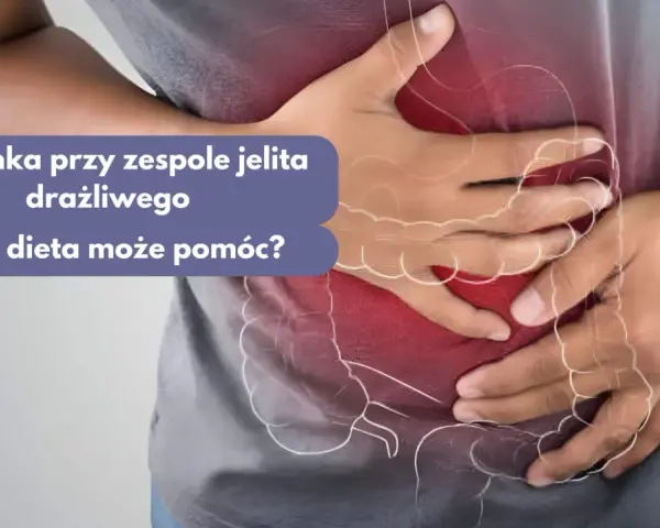 Osoba trzyma się za brzuch, gdzie widoczne są jelita. Tekst pyta: "Biegunkę przy zespole jelita drażliwego. Jaka dieta może pomóc?".