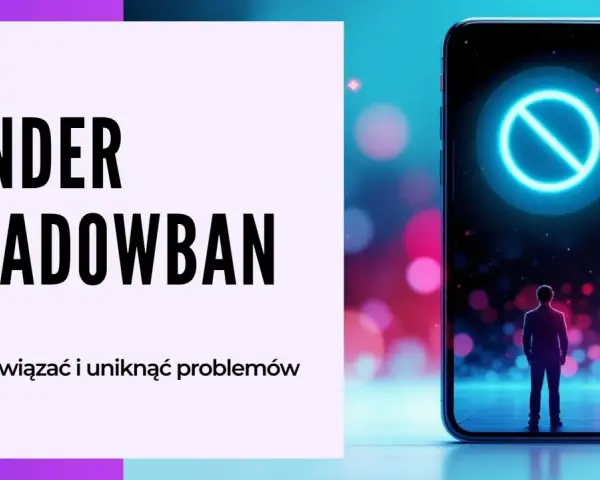 Człowiek stoi przed telefonem, na którym widnieje znak zakazu. Tekst "Tinder Shadowban" sugeruje, że wiadomości nie dochodzą.