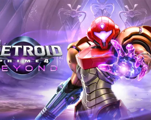 Samus Aran en su icónico traje de poder, lista para la acción en Metroid 4: Beyond. El planeta alienígena se extiende bajo un cielo púrpura.
