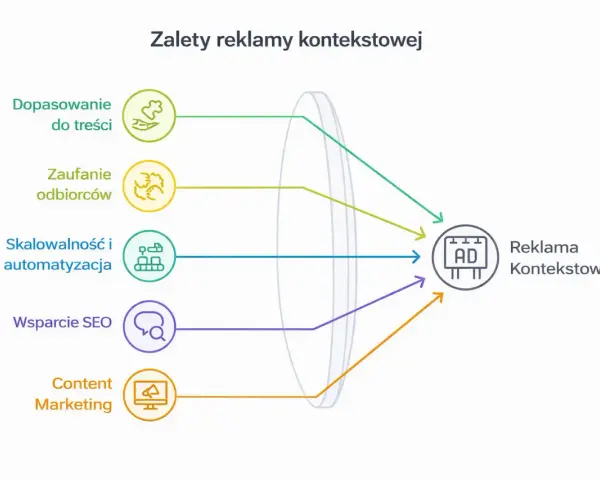 Zalety reklamy kontekstowej: dopasowanie do treści, zaufanie odbiorców, skalowalność, wsparcie SEO i content marketing.