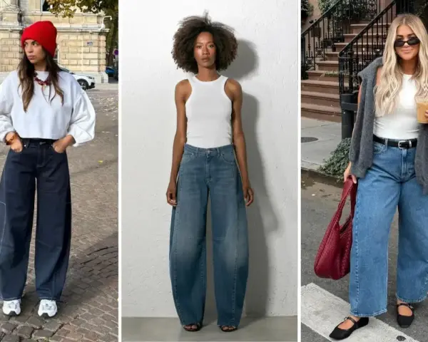 Trois femmes portent des jeans larges, un style décontracté et tendance. La forme de jean femme est mise en avant.