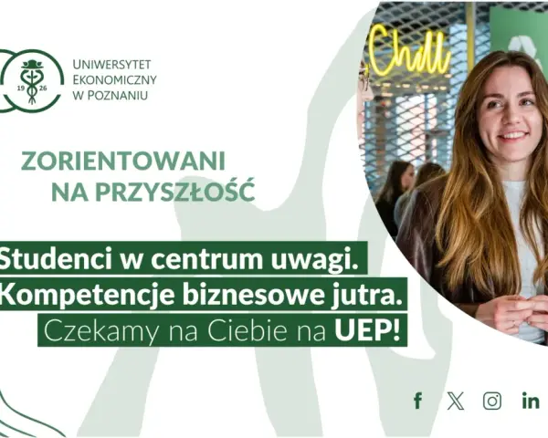 Studia marketingowe na UEP w Poznaniu. Uśmiechnięta studentka, przyszłe kompetencje biznesowe. Czekamy na Ciebie!