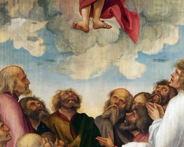Männer blicken voller Ehrfurcht zum Himmel, wo die Füße Jesu bei Christi Himmelfahrt in den Wolken verschwinden.