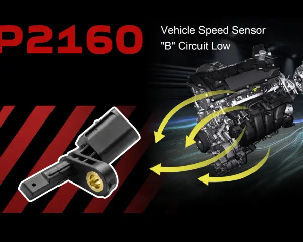 P2160 code: Vehicle Speed Sensor "B" Circuit Low. Image shows a speed sensor and car engine.