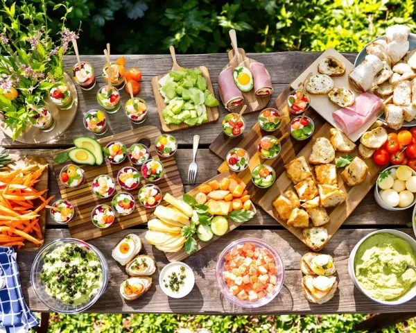 Idée apéro rapide sans cuisson : verrines colorées, crudités, toasts et dips variés sur une table en bois ensoleillée.