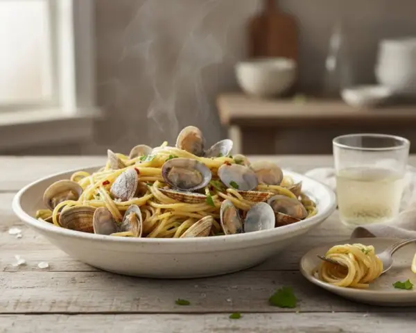 Un piatto fumante di spaghetti alle vongole, un classico della cucina italiana, preparato con ingredienti surgelati per un pasto veloce e gustoso.