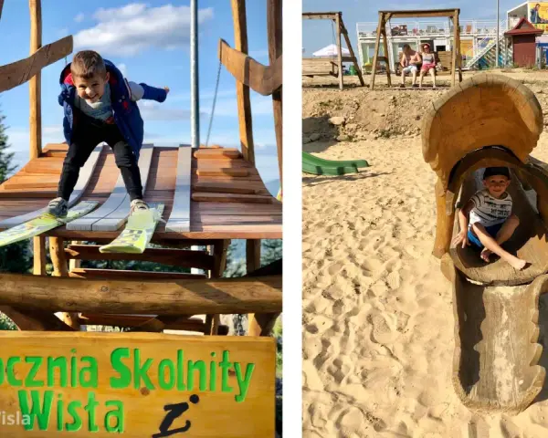 Chłopiec na nartach zjeżdża ze "Skoczni Skolnity" w Wiśle. Obok piaskownica z drewnianą zjeżdżalnią. Wspaniałe atrakcje dla dzieci w Wiśle!