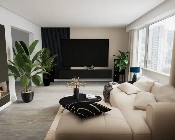 Modernes Wohnzimmer gestalten: Ein beiger Sofa, schwarzer Couchtisch, Kamin und Pflanzen schaffen Gemütlichkeit.