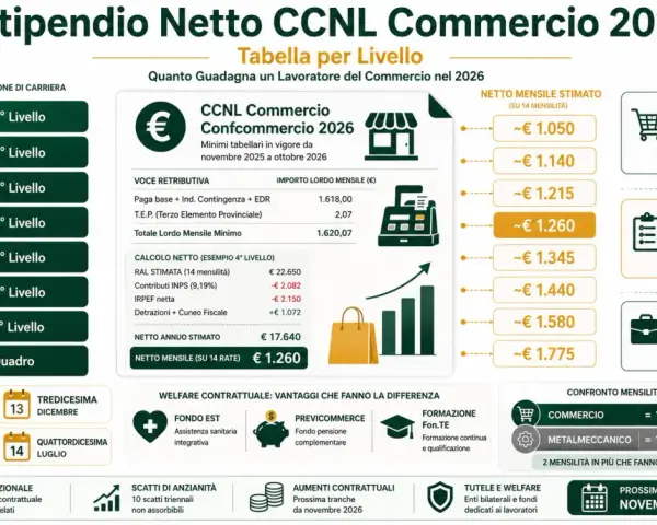Quanto guadagna un magazziniere nel 2026? La tabella mostra stipendi netti mensili per diversi livelli, con il 4° livello a circa €1.260.