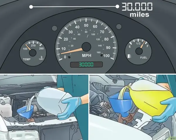 Learn how to flush radiator fluid at 30,000 miles. The image shows a car dashboard and someone adding fluid to the engine.
