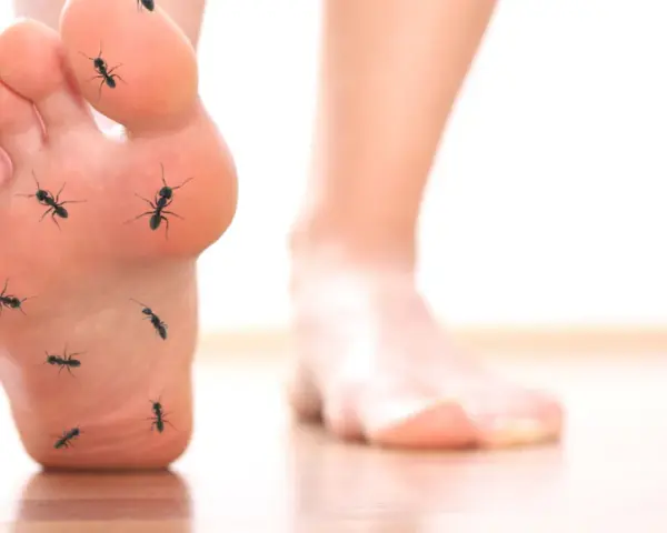 Stopa z mrówkami na podeszwie, symbolizująca neuropatię cukrzycową.