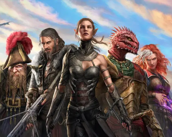Cinco héroes de Divinity Original Sin 2, un enano pirata, un guerrero barbudo, una elfa, un lagarto y una pelirroja hechicera, posan ante un cielo nublado.