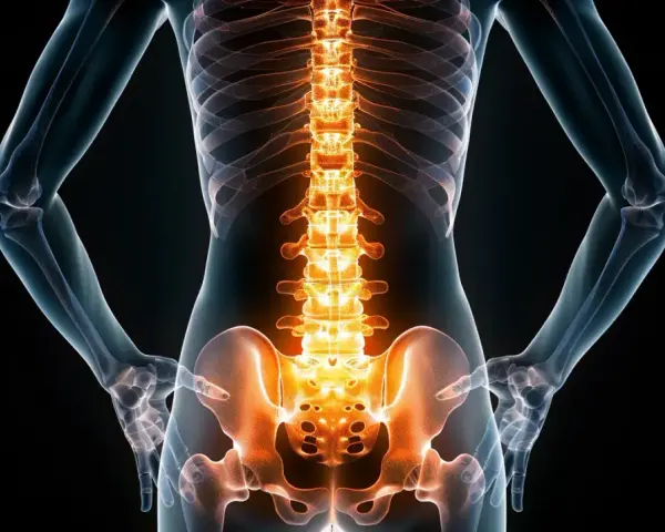 Anatomia człowieka z podświetlonymi kręgami lędźwiowymi i miednicą. Widoczne są mięśnie kręgosłupa lędźwiowego.