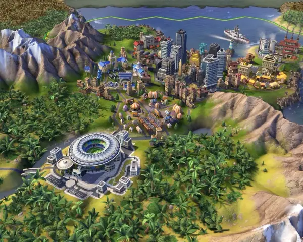 Rozbudowana metropolia z nowoczesnymi budynkami, stadionem i portem. Wskazówki do gry Civilization 6 poradnik.
