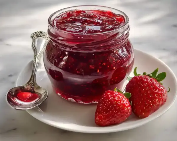 En burk med hemlagad jordgubbskompott, perfekt för frukostmackan. Syltsocker ger den rätt konsistens.
