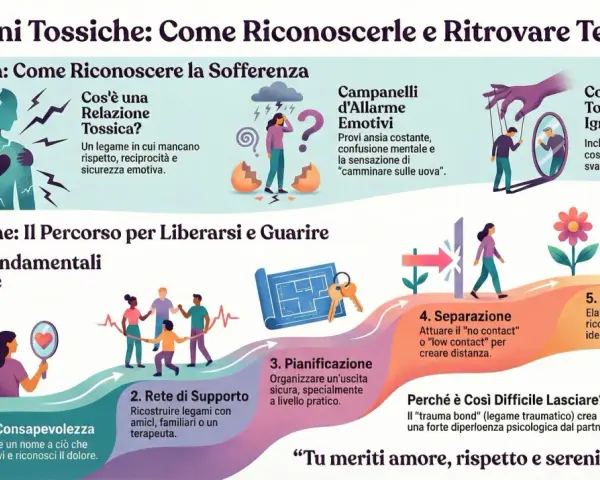 Illustrazione sui comportamenti tossici nelle relazioni, con i 5 passi per liberarsene: consapevolezza, rete di supporto, pianificazione, separazione e guarigione.