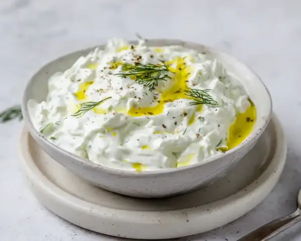 En skål med krämig tzatziki, perfekt för ditt tzatziki recept. Toppad med olivolja och färsk dill.