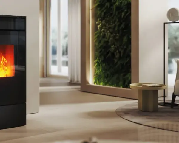Stufa a pellet moderna con fiamme vive. Scopri come funziona una stufa senza canna fumaria per un riscaldamento efficiente e pulito.