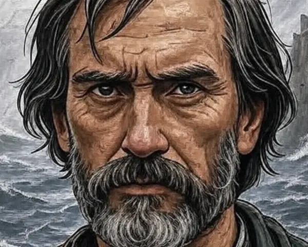 Zamyślony mężczyzna z brodą na tle wzburzonego morza i klifu. W jego oczach widać walkę, jakby przeżył wiele bitew, niczym bohater z opowieści o **5 mieczy**.