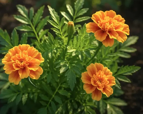 Tre soliga marigold svenska blommor med gröna blad. En knopp väntar på att slå ut.