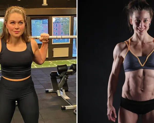 Två kvinnor visar upp sina imponerande muskler i kroppen. Den ena lyfter skivstång i ett gym, den andra poserar med synliga magmuskler.
