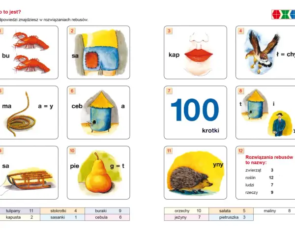 Rysunki z literami i cyframi tworzą zagadki. Na przykład: dwa homary "bu" i "sa" to "busa". Co to jest?