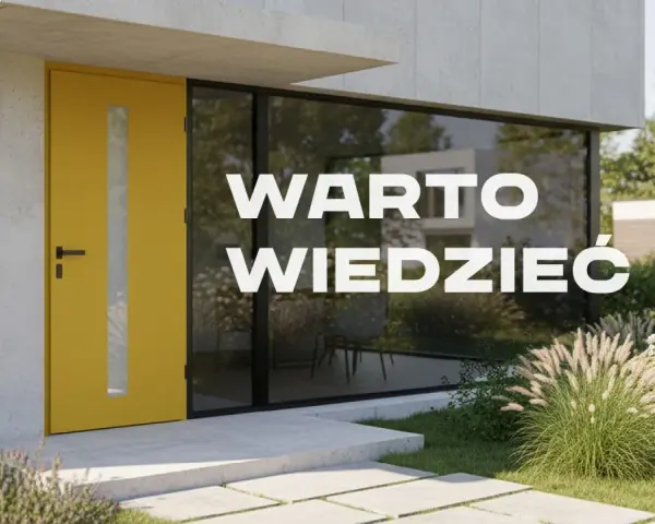 Żółte drzwi zewnętrzne z przeszkleniem, obok dużego okna. Warto wiedzieć, co oferuje nasz katalog drzwi.