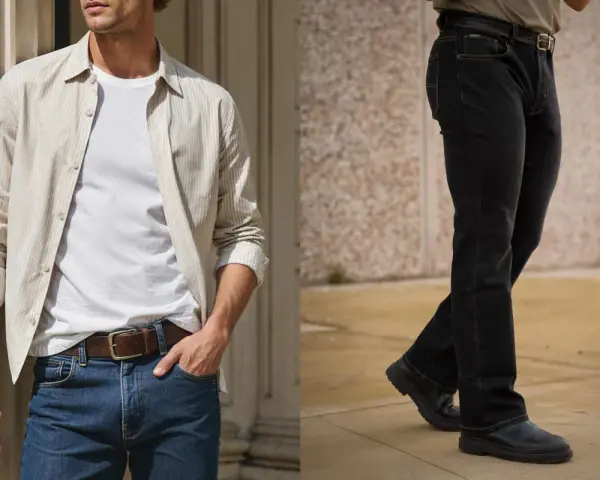Uomo con fisico a triangolo, indossa jeans e camicia a righe.