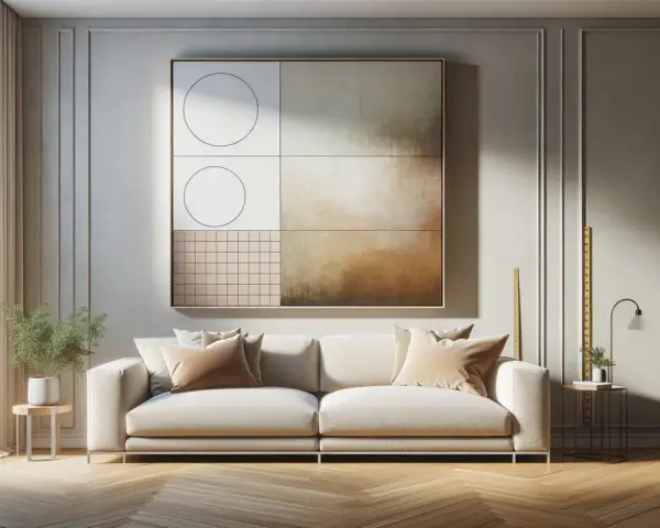 Un salon moderne avec un canapé blanc, un tableau abstrait aux formes géométriques et des tons chauds. Le **taille cadre tableau** est imposant, dominant le mur.