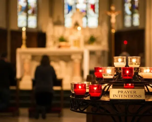 Candles glow in a church, with a sign reading "Prayer Intentions." People kneel in prayer, their mass intentions illuminated by the soft light.