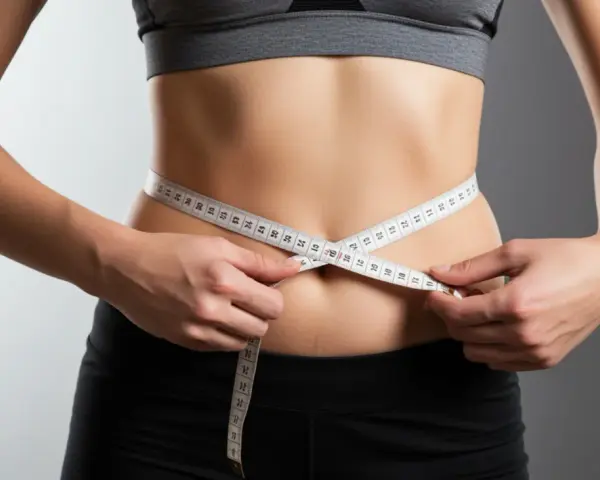 Mujer mide su cintura con cinta métrica, logrando un déficit calórico para perder grasa abdominal.