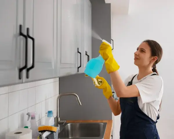 Kobieta w żółtych rękawiczkach czyści meble z okleiny, używając sprayu i ściereczki.