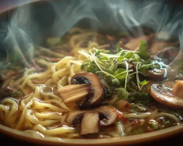 Gorąca zupa ramen z grzybami i kiełkami, parująca i kusząca. To właśnie umami co to za smak!