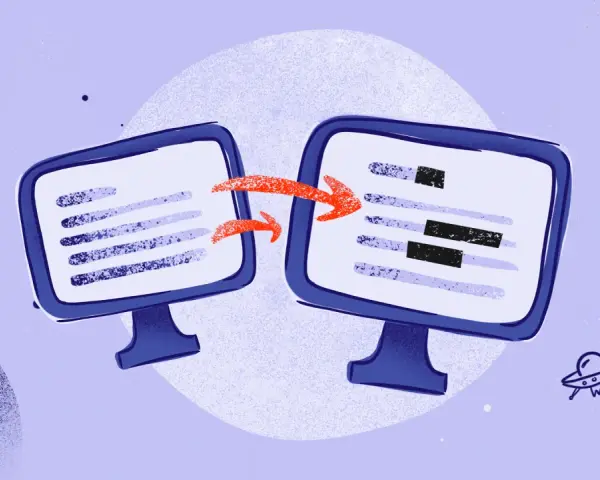 Dwa monitory z danymi i strzałki symbolizujące neutralizację dokumentów. W tle rakieta i UFO.