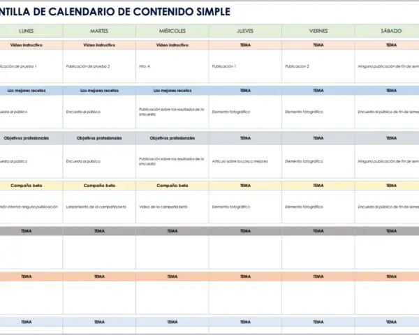 Plantilla de calendario de publicaciones en redes sociales con contenido para YouTube, Facebook, LinkedIn, Instagram y TikTok.