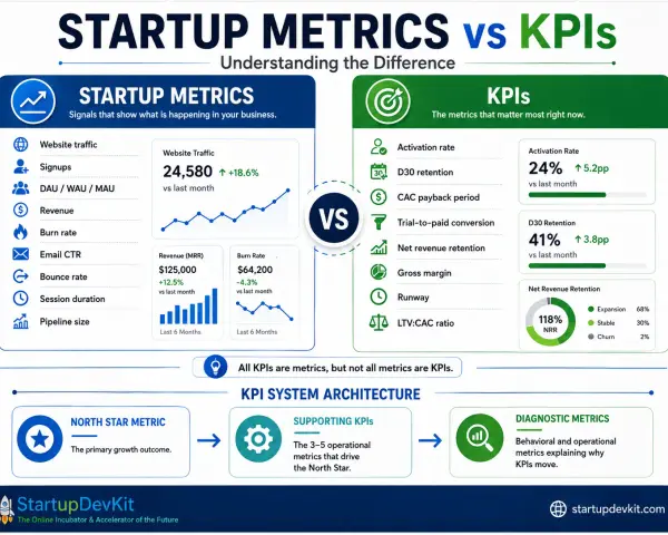 Infographic comparing startup metrics (website traffic, revenue, burn rate) with KPIs (activation rate, D30 retention, net revenue retention), illustrating their differences and a KPI system architecture.