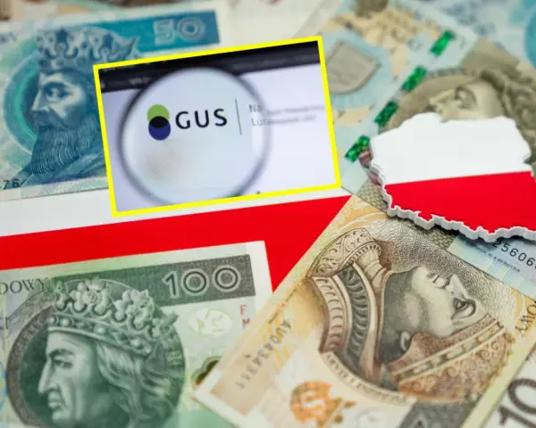 Polskie banknoty, mapa Polski z flagą, logo GUS. Czy średnia krajowa 2026 będzie wyższa?