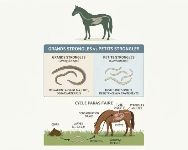 Illustration du cycle des strongles chez le cheval, montrant les grands et petits strongles, leurs dégâts et leur cycle parasitaire.