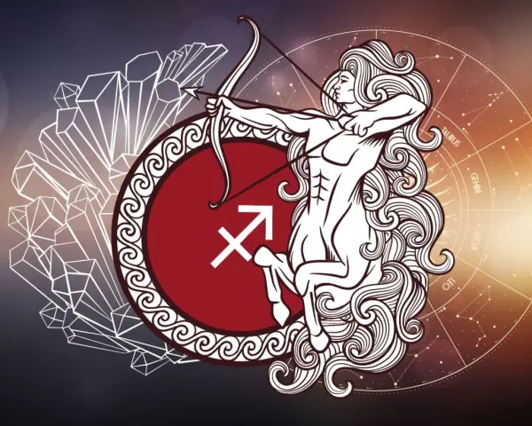 Strzelec, centaur z łukiem, symbol zodiaku. Po skorpionie w zodiaku, symbolizuje celność i dążenie do celu.