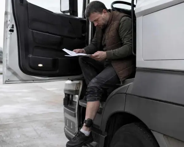Kierowca z opaską na nodze, symbolizującą zatrudnienie pracownika z dozorem elektronicznym, czyta dokumenty przy kabinie ciężarówki.